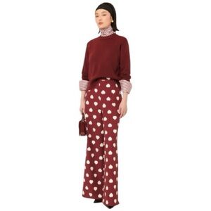 Tara Jarmon Positivo Burgundy W/White Hearts Pants, NWT, French Size 44/ size 10